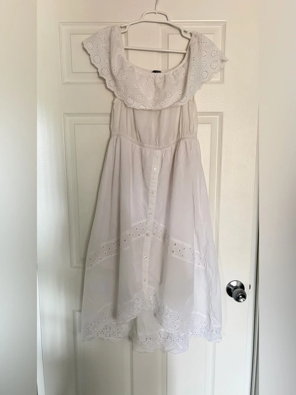 Eyelet Off-Shoulder White Cotton Midi Dress - Picture 2 of 4